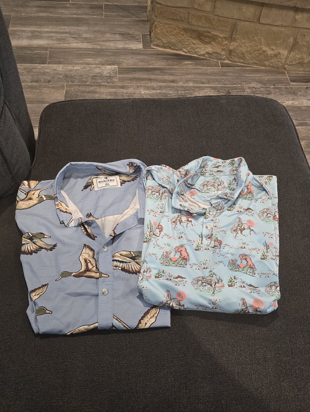 BURLEBO Men's Light Blue Duck & Pastel Scenic Short-Sleeve Button Shirts (Pair)
